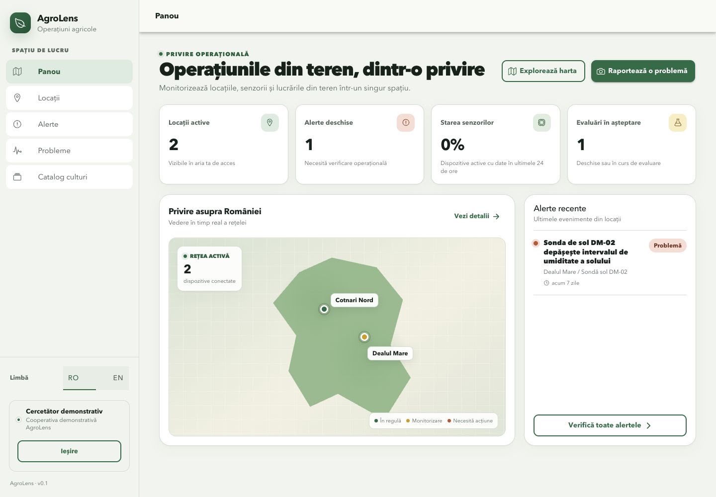 Panoul principal al platformei AgroLens