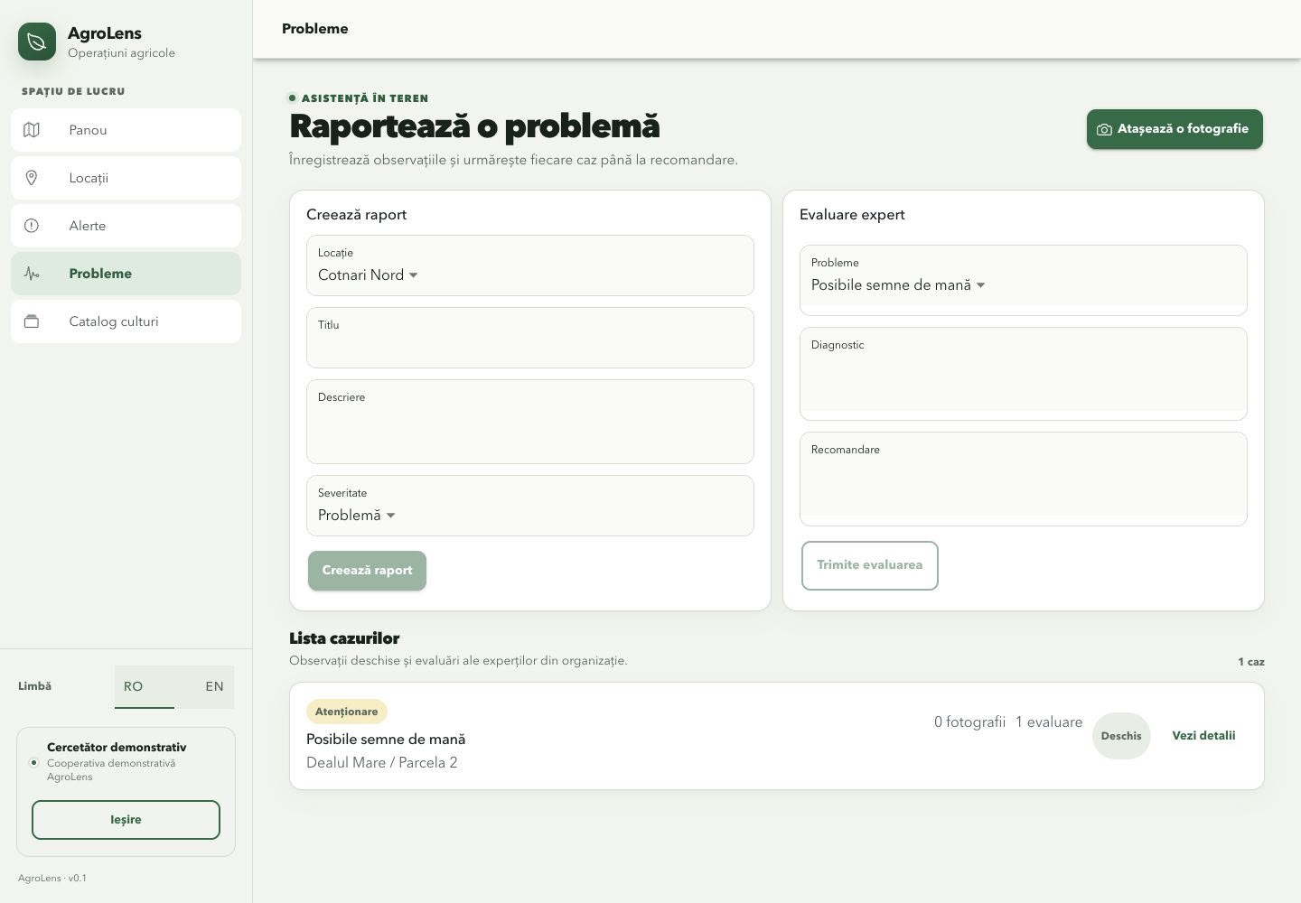 Pagina pentru raportarea problemelor din teren